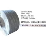 Reggia Reggetta In plastica Polipropilene Bianca PP 12 mm x 0,6 mm con stampa "SIGILLO DI SICUREZZA" - Rotolo da 3000 mt - diametro interno 200 mm