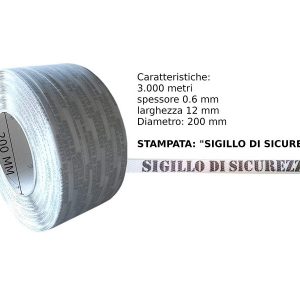 Reggia Reggetta In plastica Polipropilene Bianca PP 12 mm x 0,6 mm con stampa "SIGILLO DI SICUREZZA" - Rotolo da 3000 mt - diametro interno 200 mm