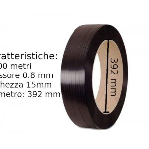 Reggia Reggetta In plastica Polipropilene Nera PP 15 mm x 0,8 mm - Rotolo da 1500 mt - diametro interno 392 mm